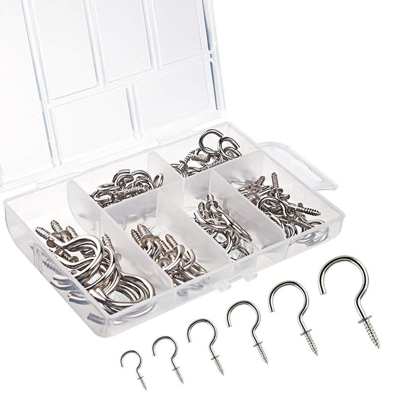 KUUQA 75 Pcs Multi-Size Nickel Plated Metal Ceiling Hooks Screw Cup Hook Holder (Silver) - Image 1